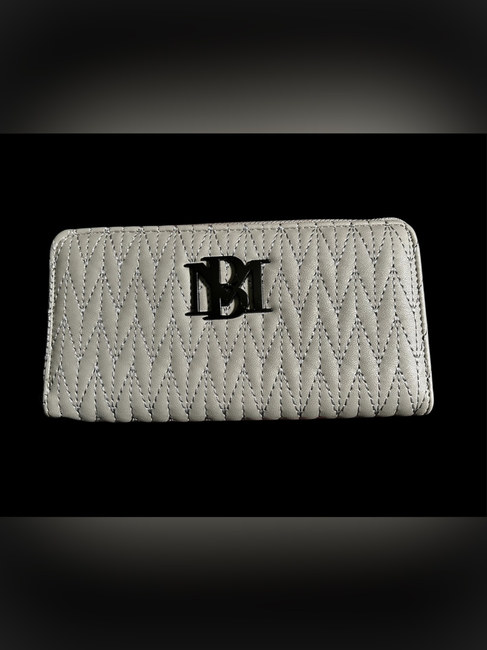 Quilted Chevron Zip Wallet in Light Gray with Metal Logo